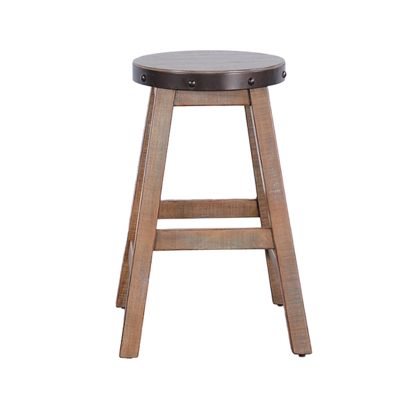 Ayka Round Counter Stool- Metal Band- Splayed Legs- Brown Mahogany