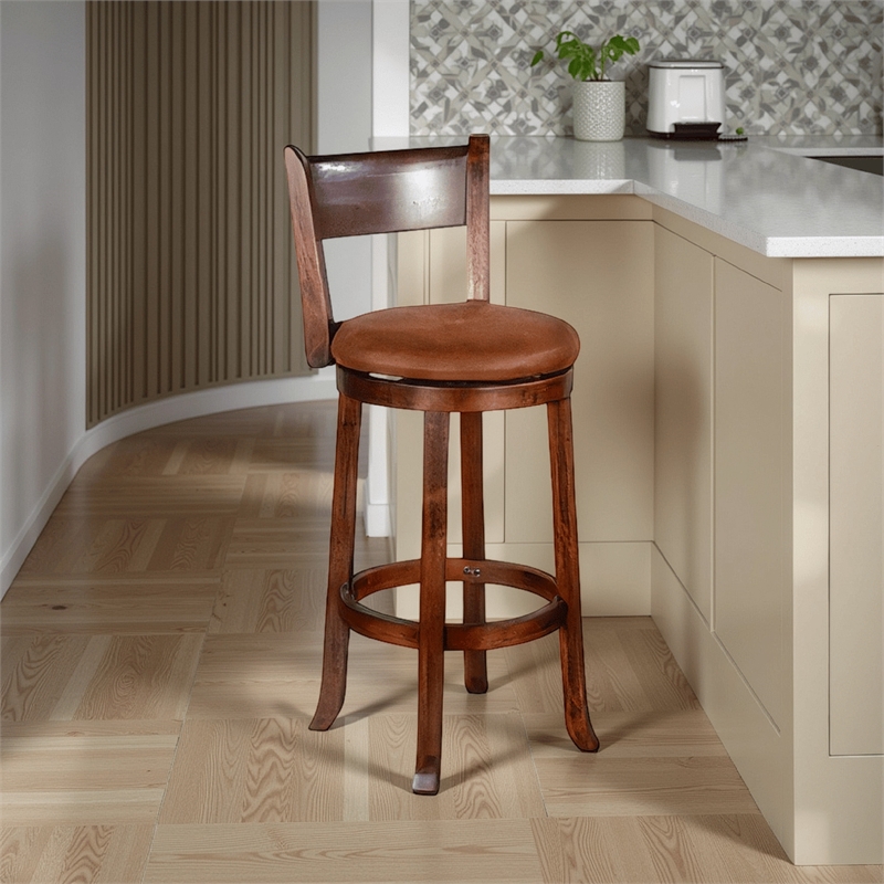 Odel Swivel Barstool Chair Set of 2- Brown Faux Leather- Dark Mahogany