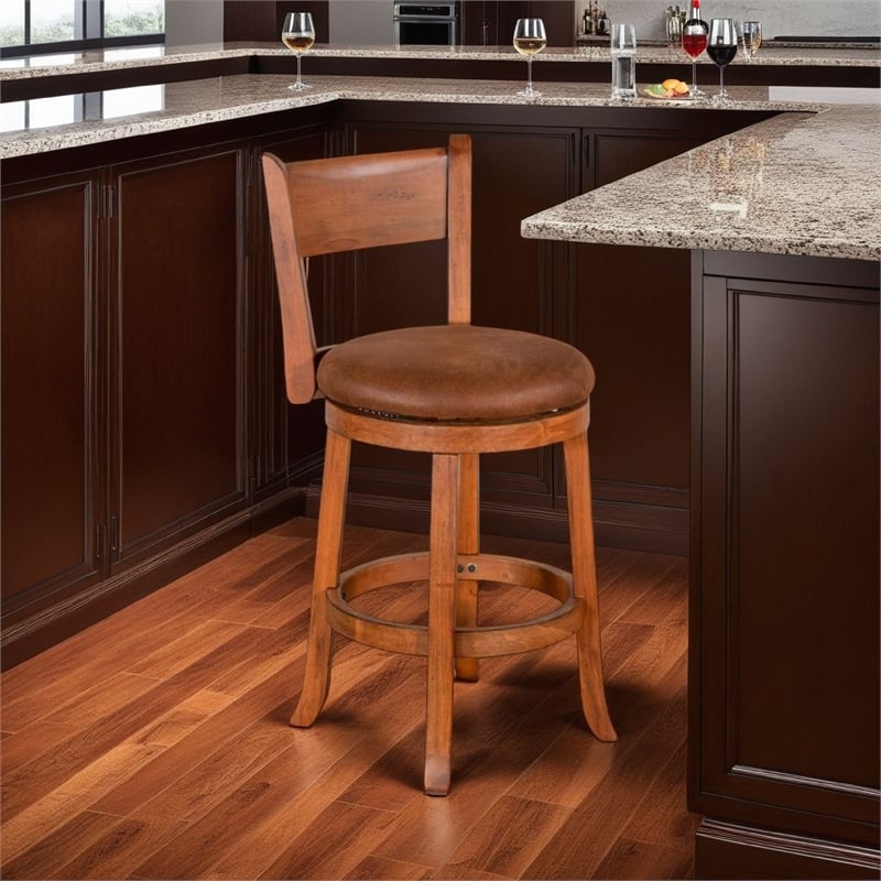 Marv Swivel Counter Height Chair Set of 2- Brown Faux Leather- Wood