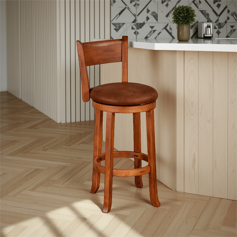 Marv Swivel Barstool Chair Set of 2- Brown Faux Leather- Mahogany Wood