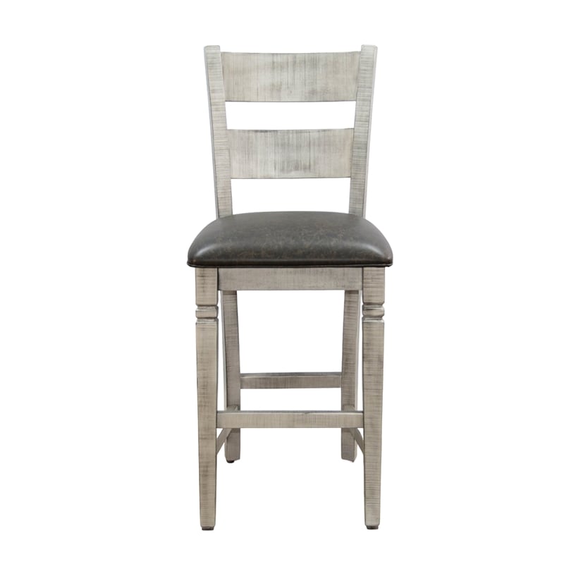 Zeka Barstool Chair Set of 2- Black Faux Leather- Gray Wood Ladderback
