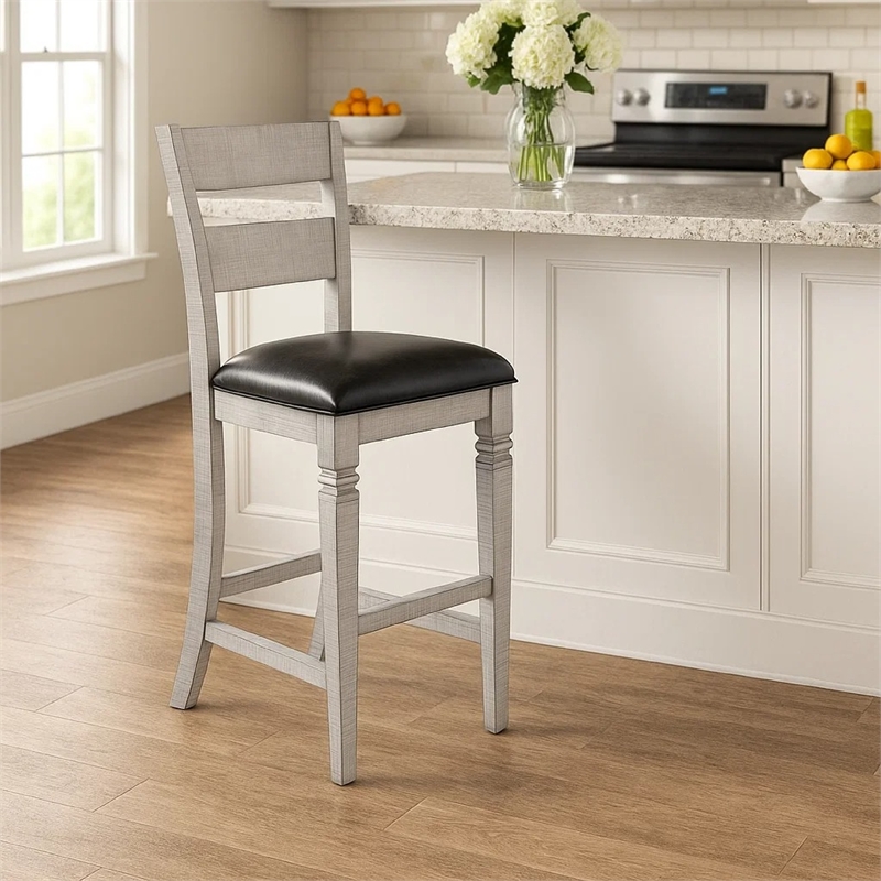Zeka Barstool Chair Set of 2- Black Faux Leather- Gray Wood Ladderback