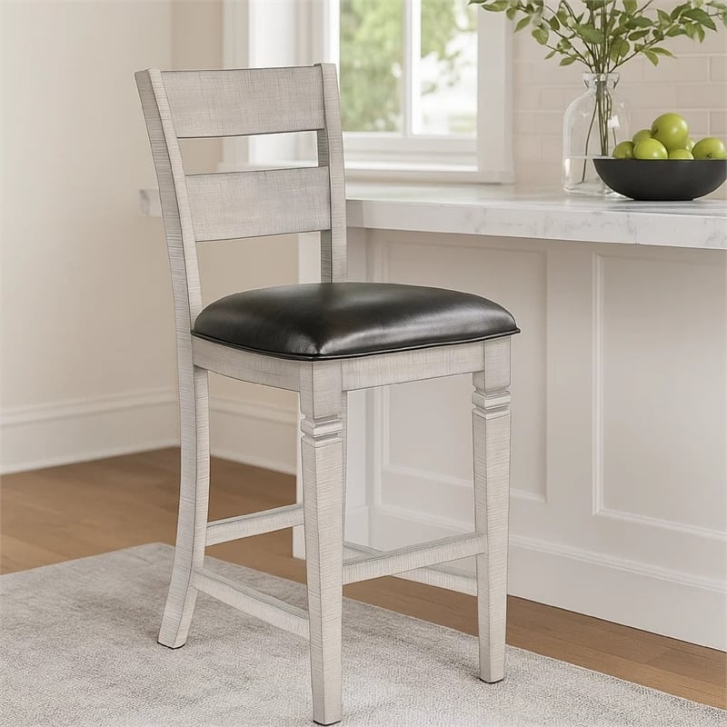 Zeka Barstool Chair Set of 2- Black Faux Leather- Gray Wood Ladderback