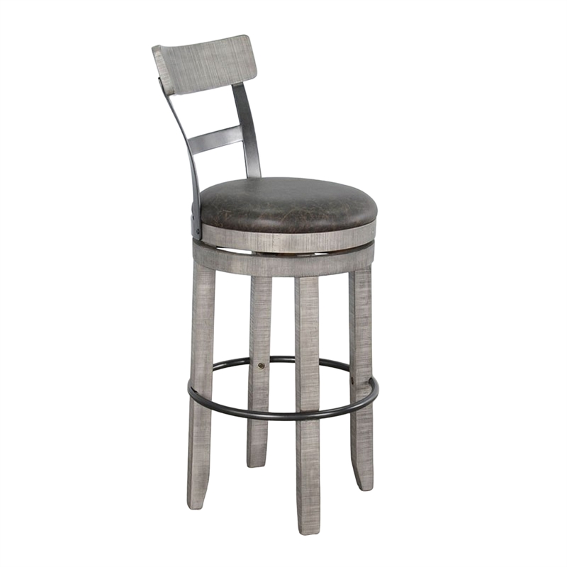 Zeka Swivel Barstool Chair Set of 2- Faux Leather- Gray Mahogany Wood