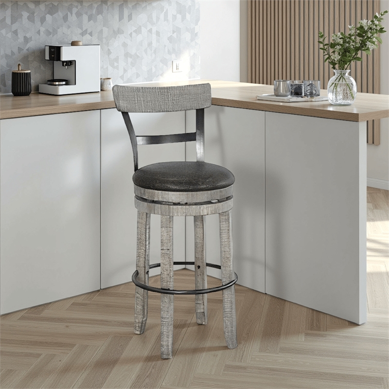 Zeka Swivel Barstool Chair Set of 2- Faux Leather- Gray Mahogany Wood