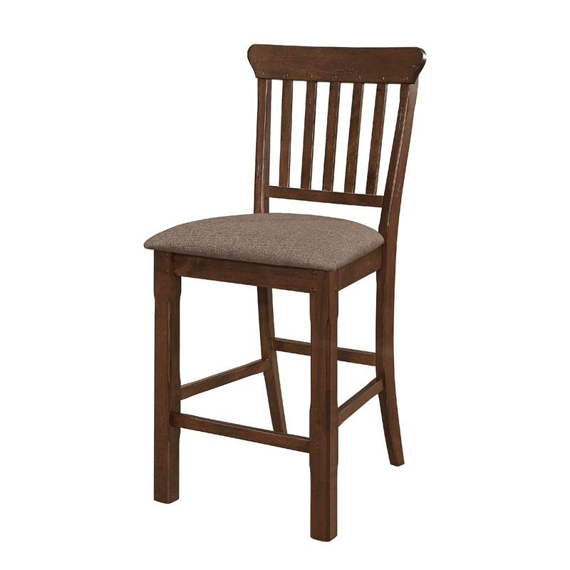Lsy Counter Stool Chair Set of 2- Brown Wood- Fabric Upholstered Seat