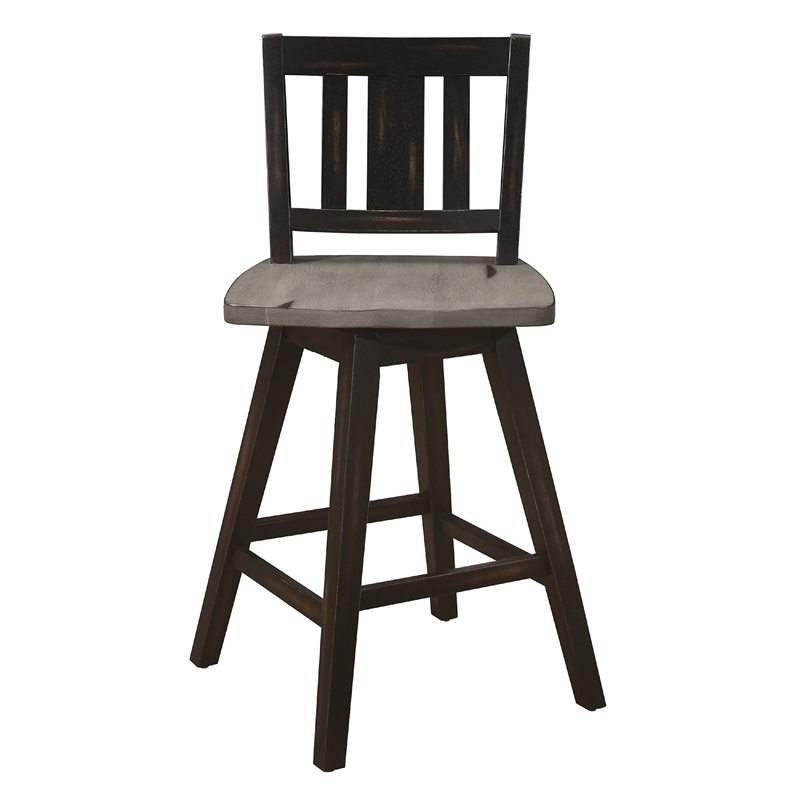 Ati Swivel Counter Height Chair Set of 2- Slatted Black Wood- Gray