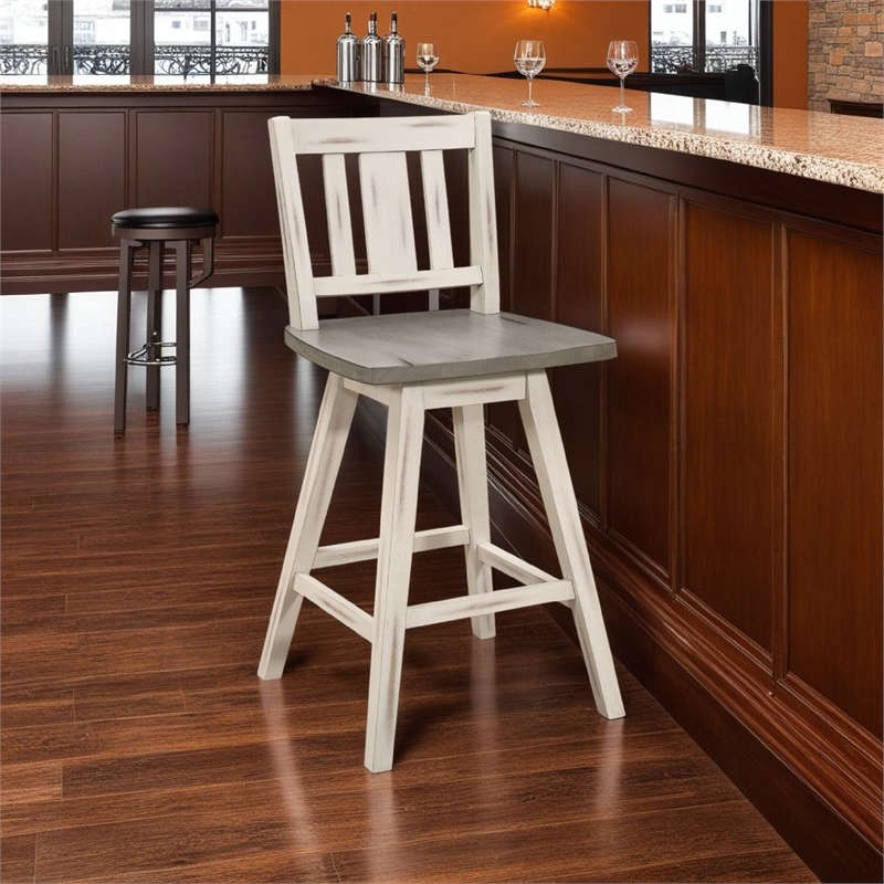 Ati Swivel Counter Height Chair Set of 2- Slatted White Wood- Gray