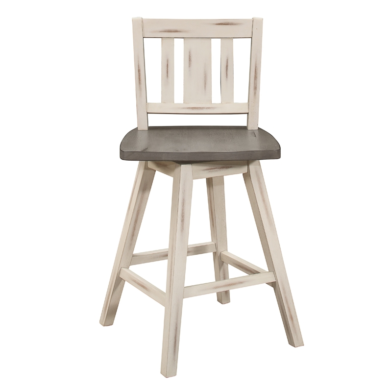 Ati Swivel Counter Height Chair Set of 2- Slatted White Wood- Gray