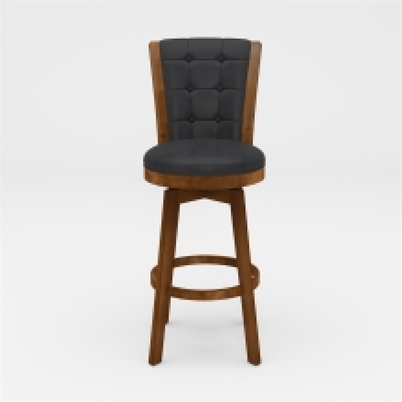Core Set of 2 Swivel Barstool Chairs- Brown Wood- Black Faux Leather