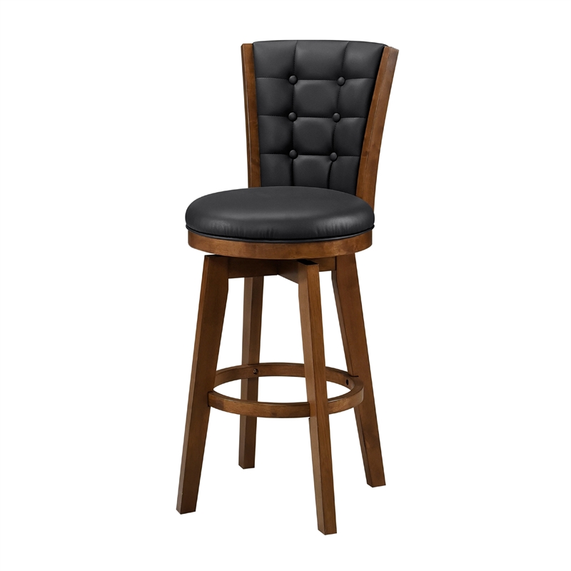 Core Set of 2 Swivel Barstool Chairs- Brown Wood- Black Faux Leather