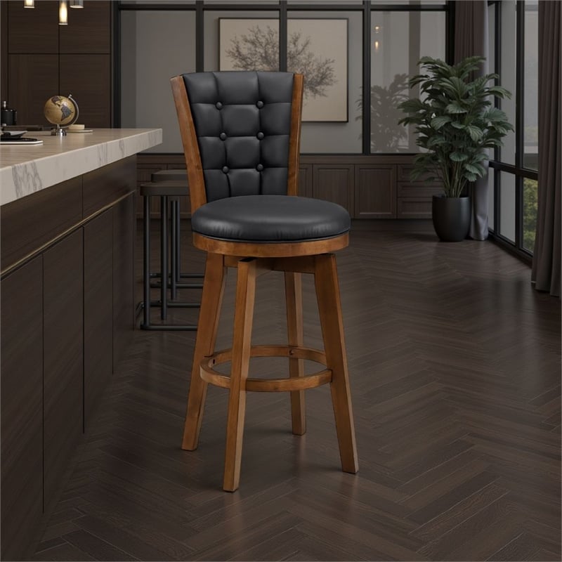 Core Set of 2 Swivel Barstool Chairs- Brown Wood- Black Faux Leather