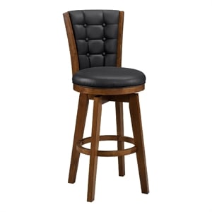 Core Set of 2 Swivel Barstool Chairs- Brown Wood- Black Faux Leather