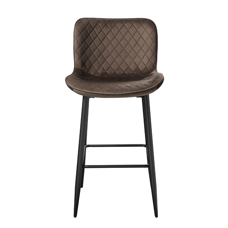 Aniya Bar Stool Chair Set of 2- Black Angled Metal Legs- Brown Velvet