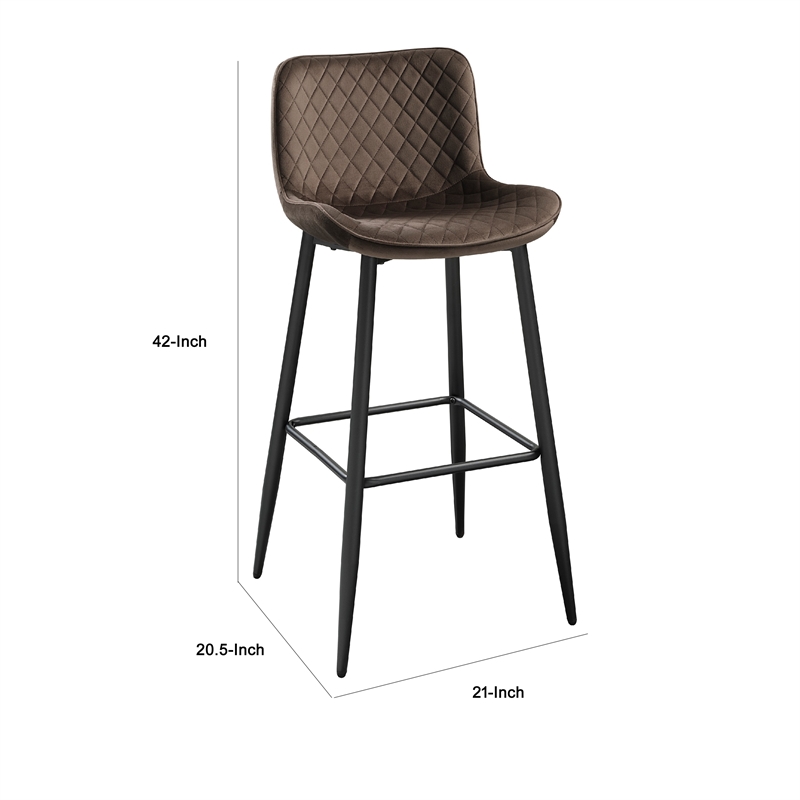 Aniya Bar Stool Chair Set of 2- Black Angled Metal Legs- Brown Velvet
