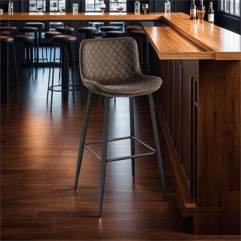 Aniya Bar Stool Chair Set of 2- Black Angled Metal Legs- Brown Velvet