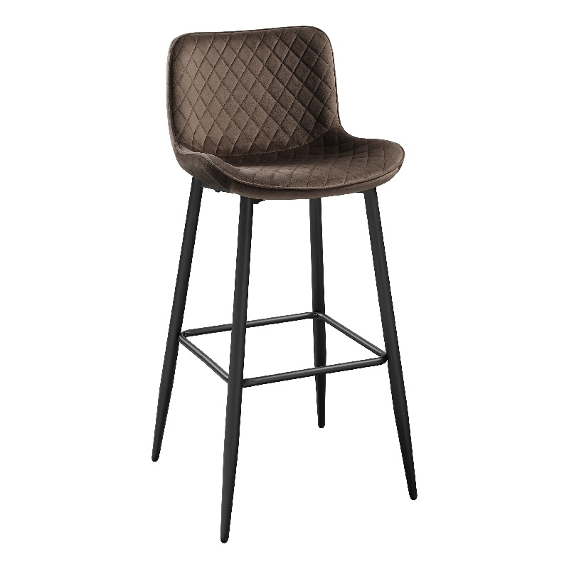 Aniya Bar Stool Chair Set of 2- Black Angled Metal Legs- Brown Velvet