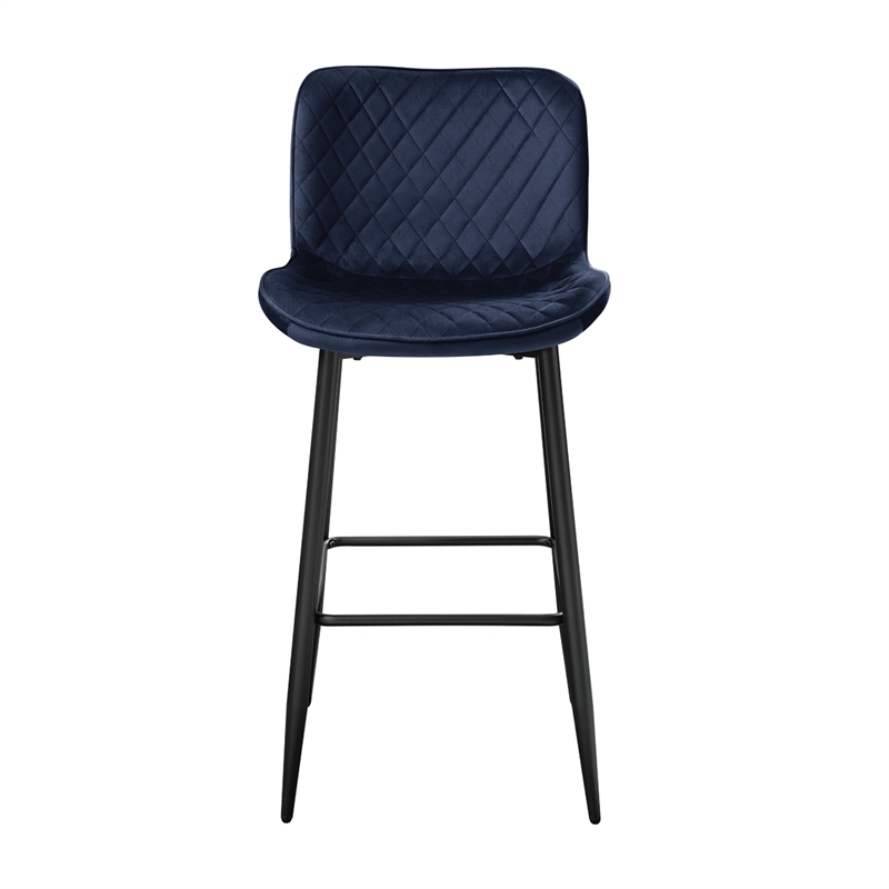 Aniya Bar Stool Chair Set of 2- Black Metal Legs- Dark Blue Velvet