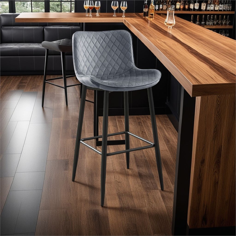 Aniya Bar Stool Chair Set of 2- Black Metal Legs- Dark Gray Velvet