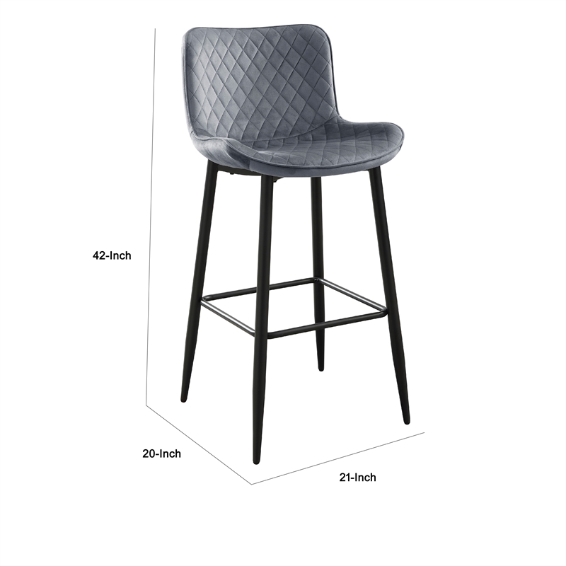 Aniya Bar Stool Chair Set of 2- Black Metal Legs- Dark Gray Velvet