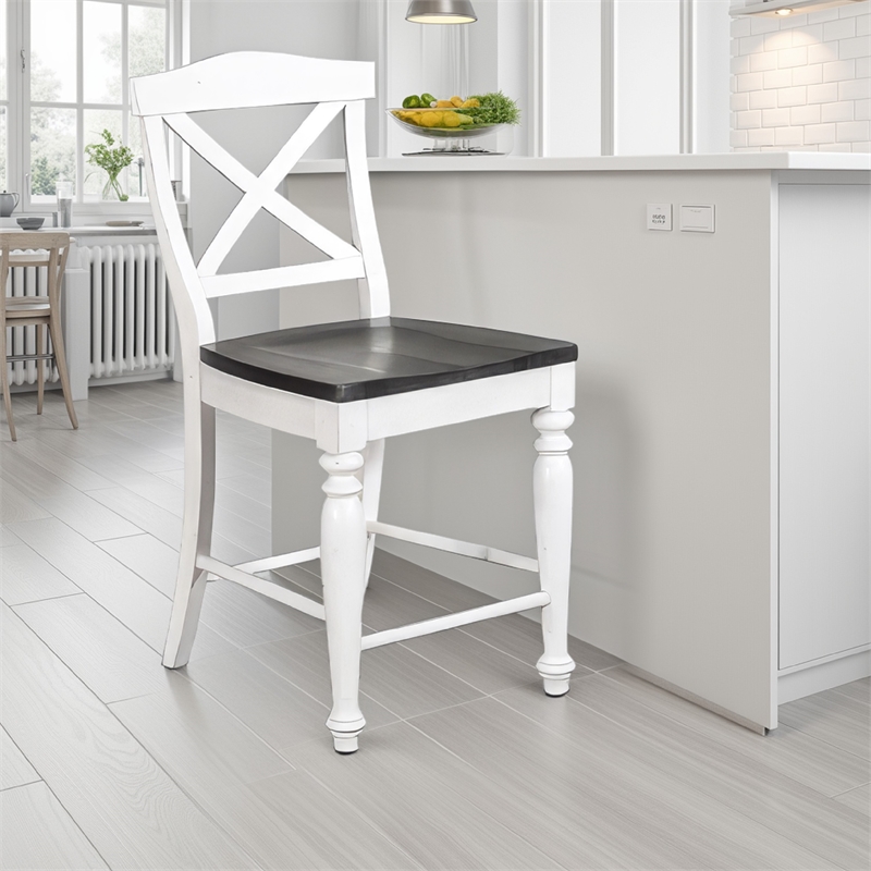 Orso Counter Stool Chair Set of 2- Crossback Dark Brown White Mahogany