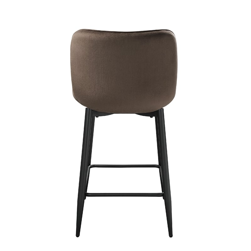 Aniya Counter Stool Chair Set of 2- Black Metal Legs- Brown Velvet