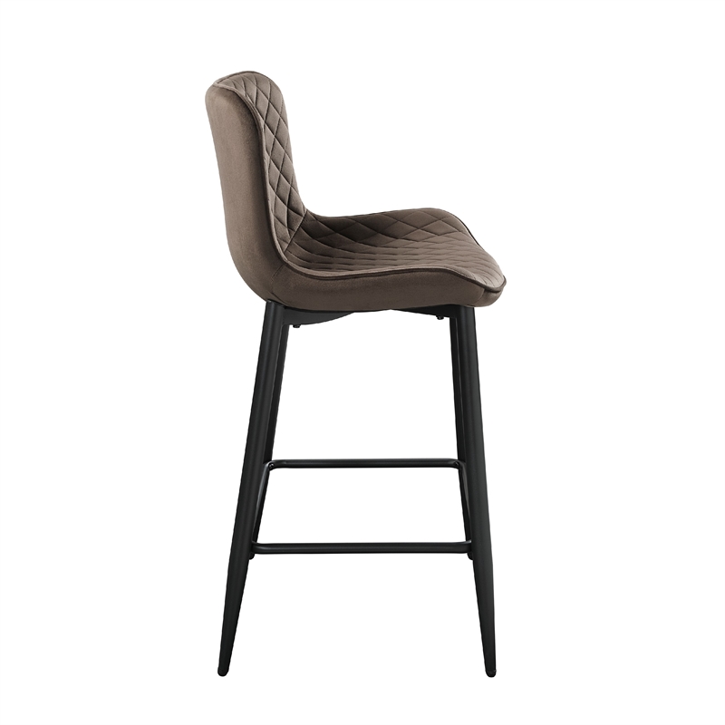 Aniya Counter Stool Chair Set of 2- Black Metal Legs- Brown Velvet