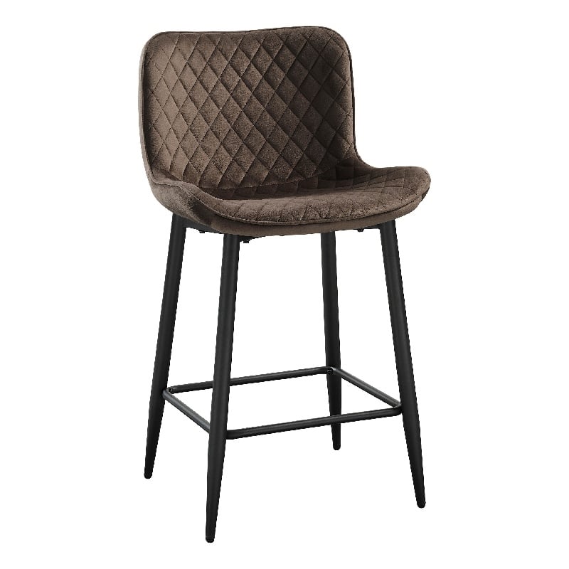 Aniya Counter Stool Chair Set of 2- Black Metal Legs- Brown Velvet