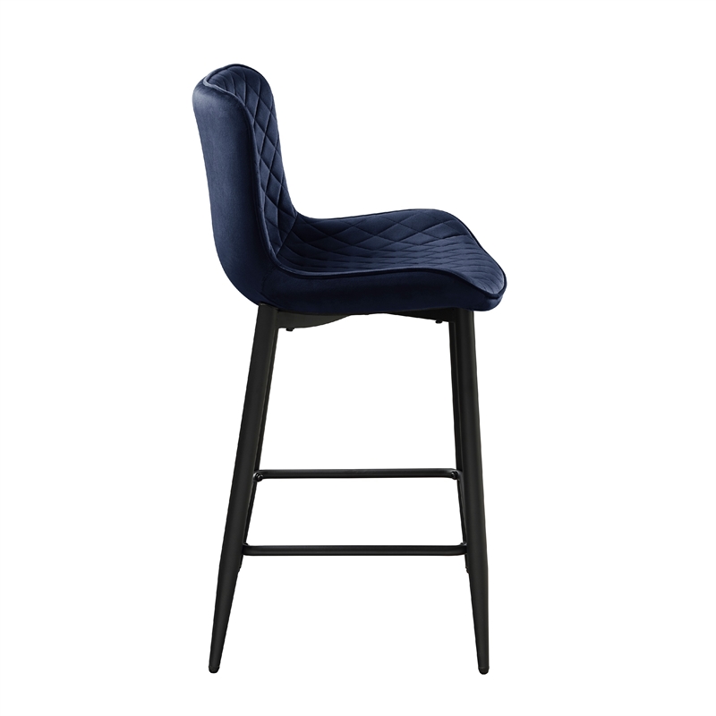 Aniya Counter Stool Chair Set of 2- Black Metal Leg- Dark Blue Velvet