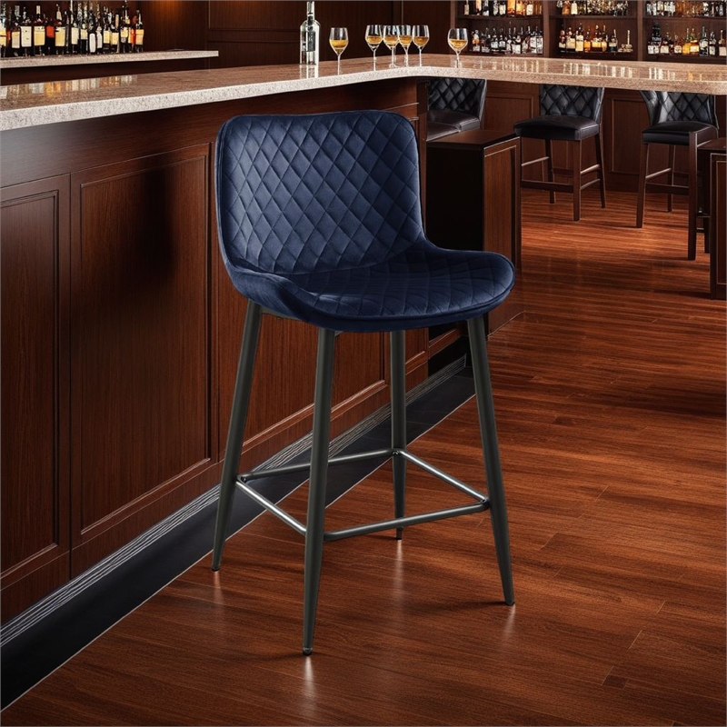 Aniya Counter Stool Chair Set of 2- Black Metal Leg- Dark Blue Velvet