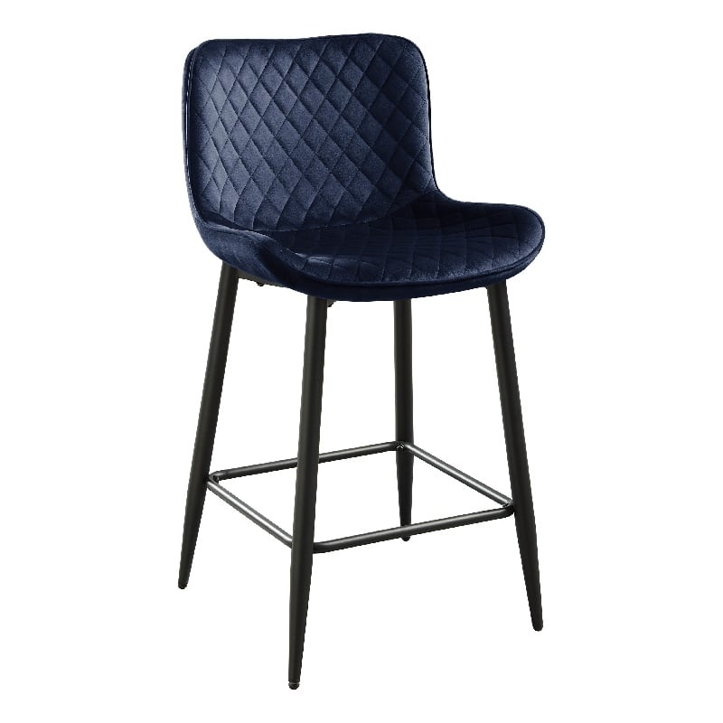 Aniya Counter Stool Chair Set of 2- Black Metal Leg- Dark Blue Velvet