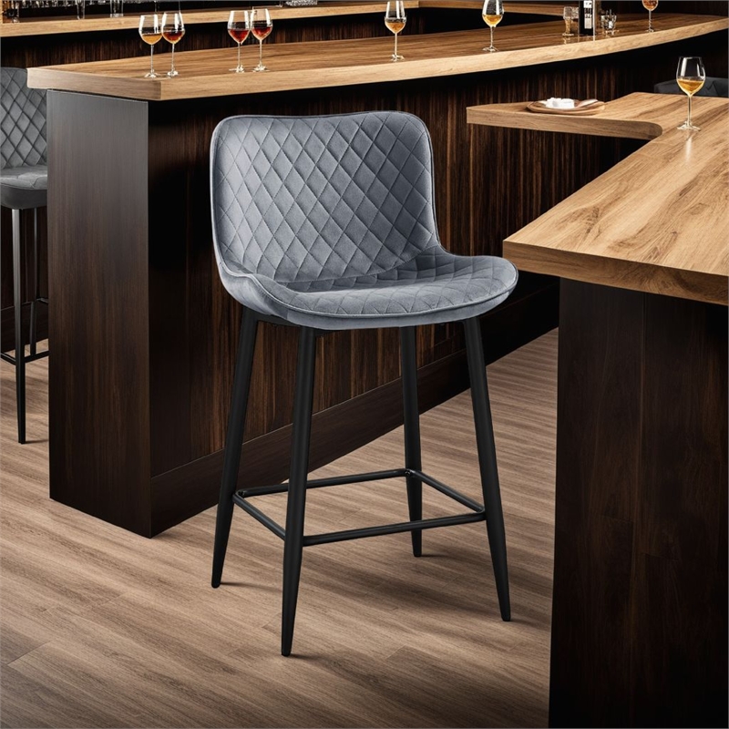Aniya Counter Stool Chair Set of 2- Black Metal Leg- Dark Gray Velvet