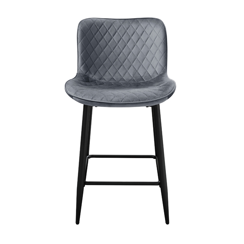 Aniya Counter Stool Chair Set of 2- Black Metal Leg- Dark Gray Velvet