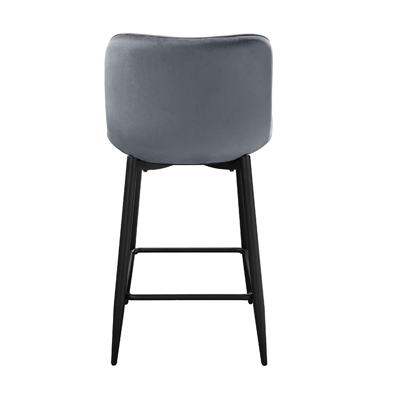 Aniya Counter Stool Chair Set of 2- Black Metal Leg- Dark Gray Velvet