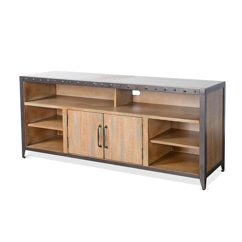 Ayka TV Stand Media Cabinet- Black Metal- Antique Brown Wood 63 Inch