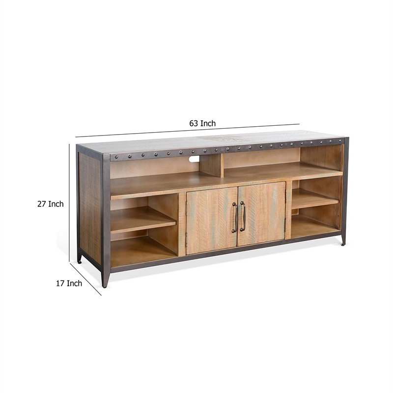 Ayka TV Stand Media Cabinet- Black Metal- Antique Brown Wood 63 Inch