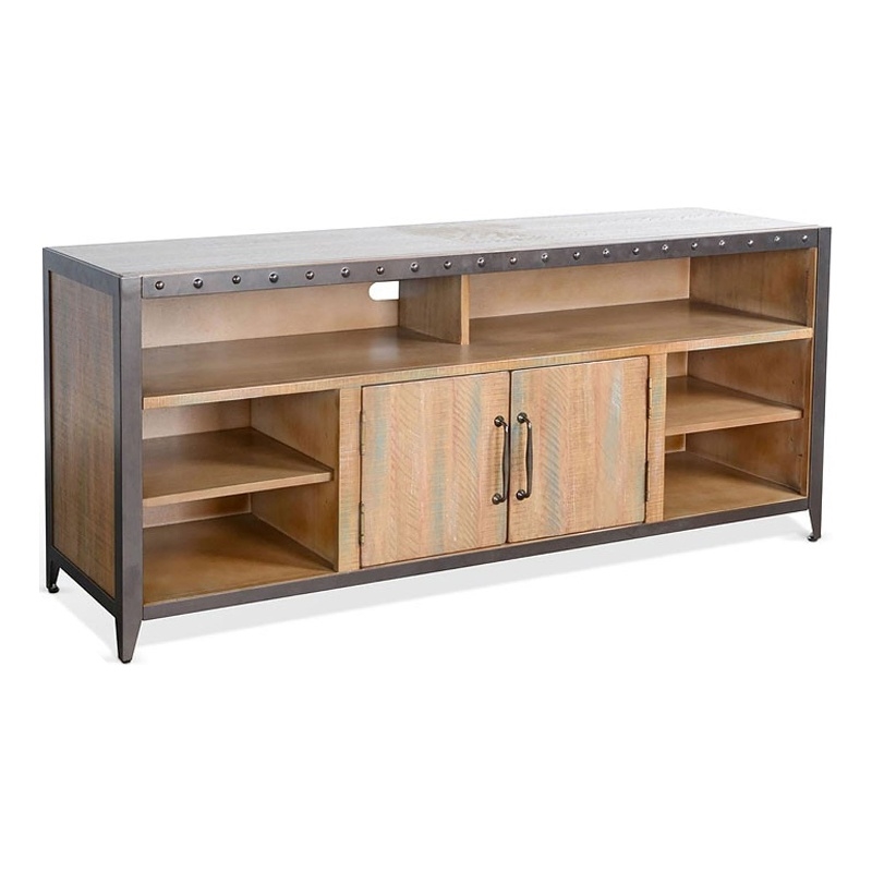 Ayka TV Stand Media Cabinet- Black Metal- Antique Brown Wood 63 Inch