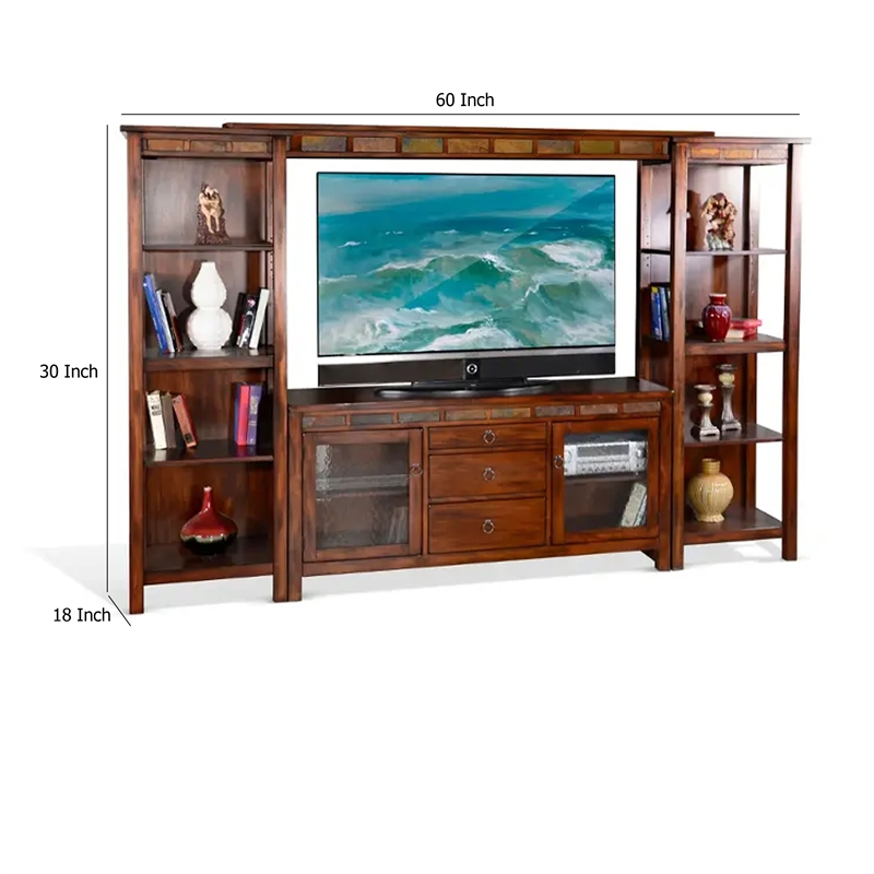 Odel TV Stand Media Cabinet- Natural Slate Inlay- Dark Brown 60 Inch