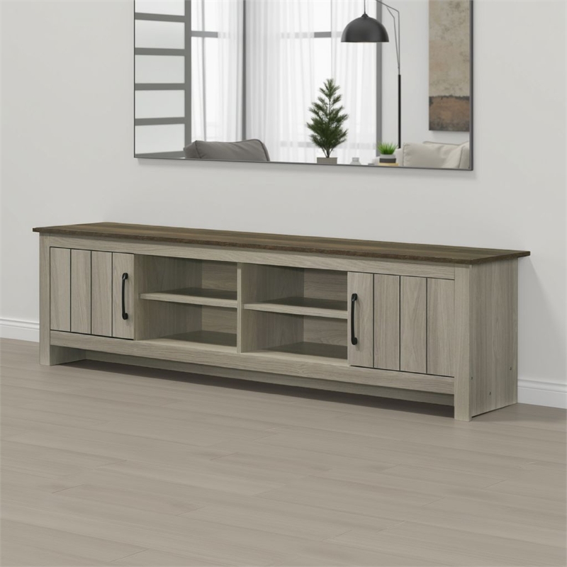 Nena TV Stand Cabinet- 2 Cabinet Doors- Brown Wood Top- Oak Gray
