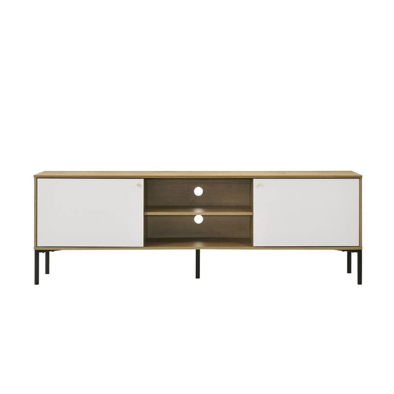 Brick TV Stand Cabinet with 2 Doors- Black Metal- White- Oak Brown