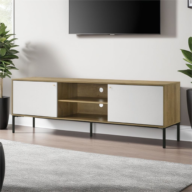 Brick TV Stand Cabinet with 2 Doors- Black Metal- White- Oak Brown