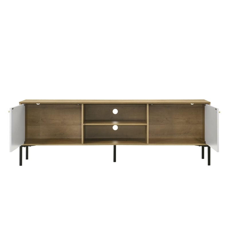 Brick TV Stand Cabinet with 2 Doors- Black Metal- White- Oak Brown
