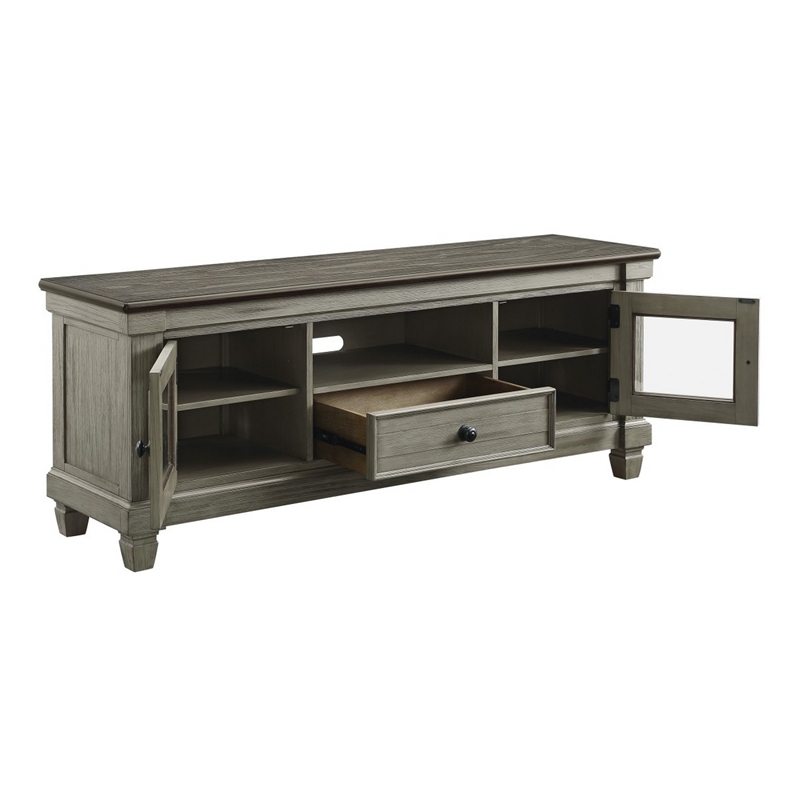 Rome 64 Inch TV Media Entertainment Console- Brown and Gray- Solid Wood
