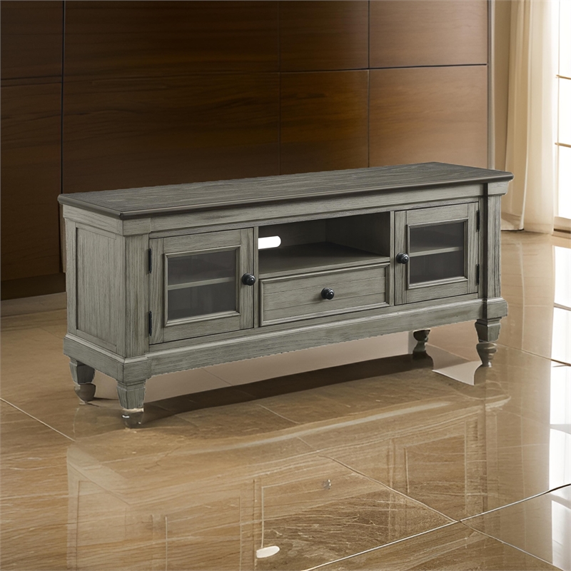 Rome 64 Inch TV Media Entertainment Console- Brown and Gray- Solid Wood