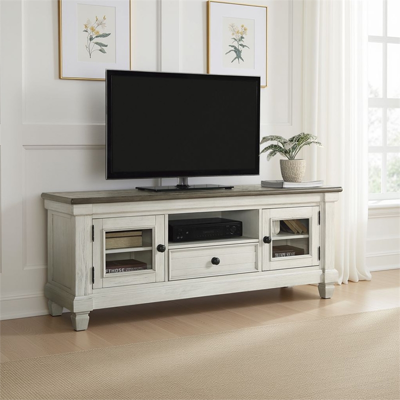 Rome 64 Inch TV Media Entertainment Console- White- Brown- Solid Wood