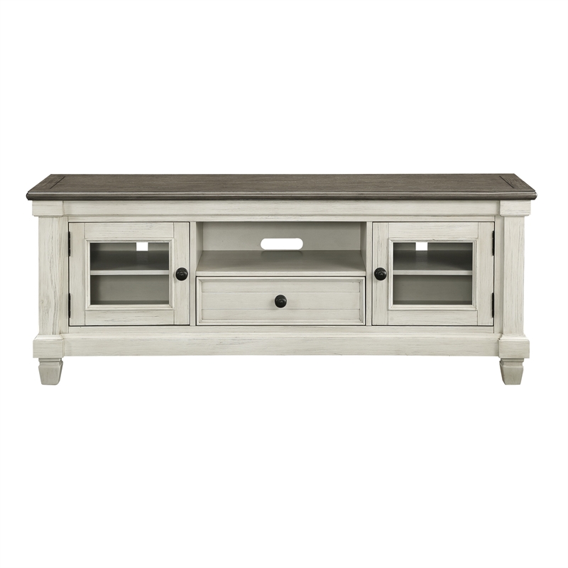 Rome 64 Inch TV Media Entertainment Console- White- Brown- Solid Wood
