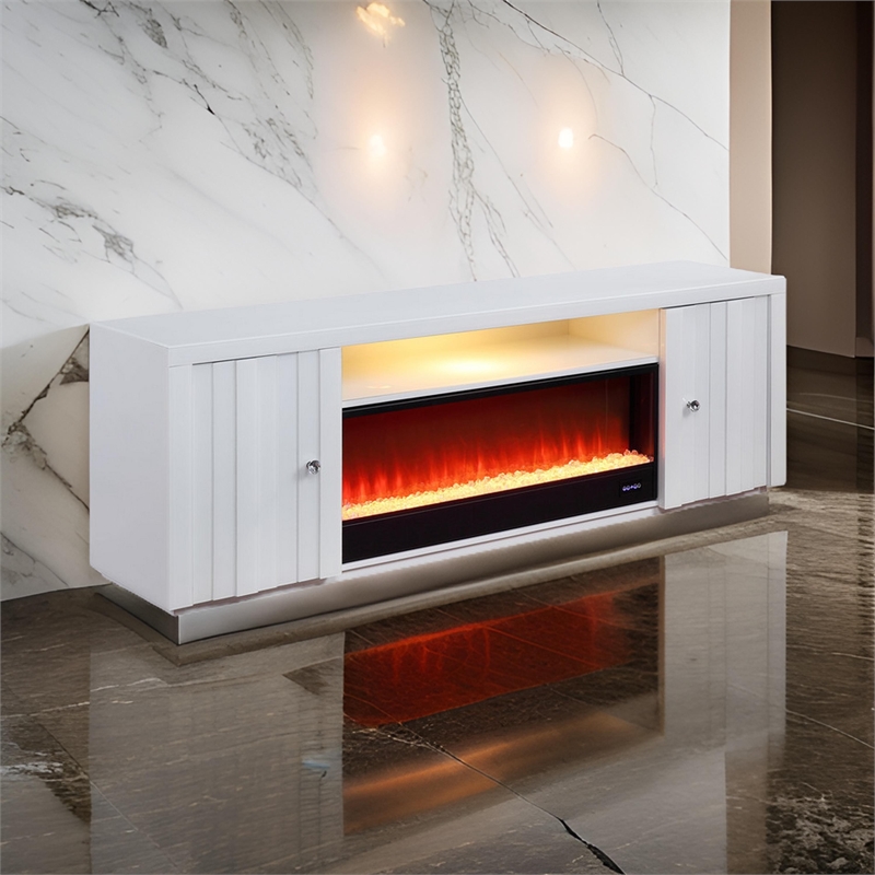 Eid 71 Inch TV Console with Fireplace- Speaker- 2 Cabinets- White Wood