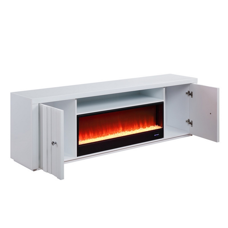 Eid 71 Inch TV Console with Fireplace- Speaker- 2 Cabinets- White Wood