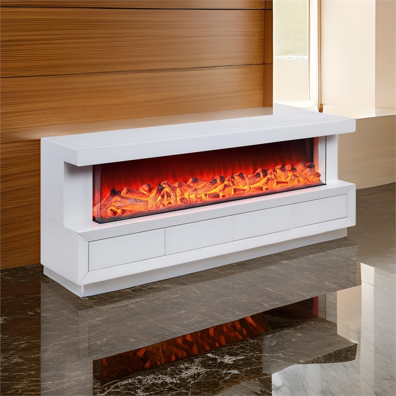 Dori 71 Inch TV Console with Fireplace- Speaker- 4 Drawer- White Solid Wood