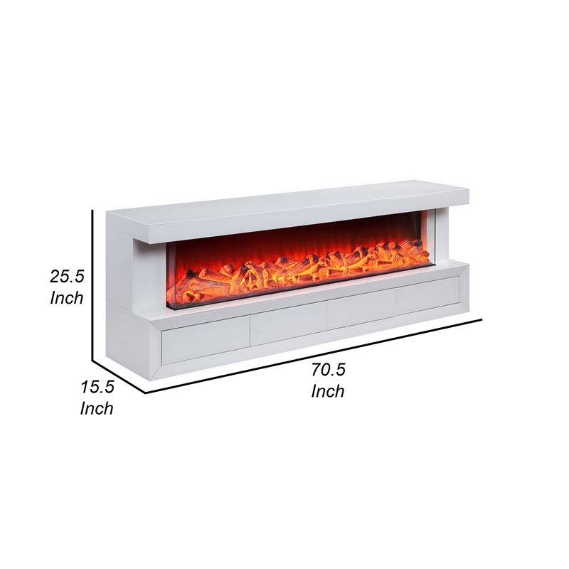 Dori 71 Inch TV Console with Fireplace- Speaker- 4 Drawer- White Solid Wood